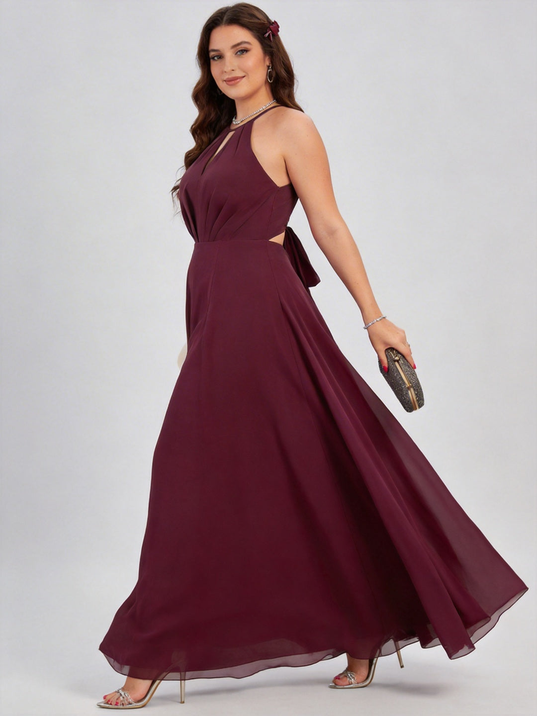 Sweet & Flowy Rosewood Chiffon A-Line Halter neckline Ankle-Length Plus Size Bridesmaid Dress