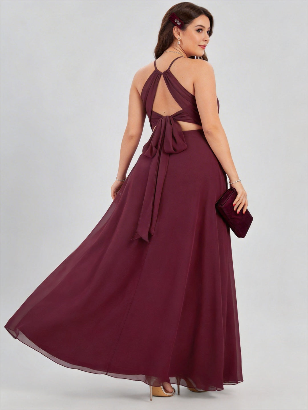 Sweet & Flowy Rosewood Chiffon A-Line Halter neckline Ankle-Length Plus Size Bridesmaid Dress