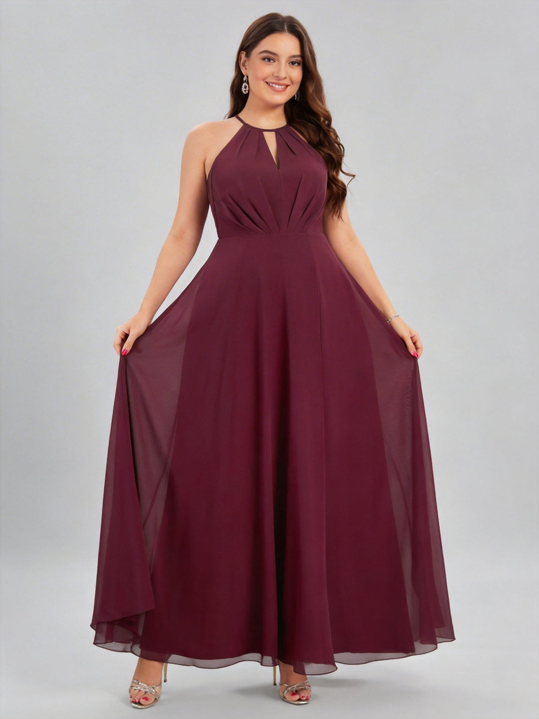 Sweet & Flowy Rosewood Chiffon A-Line Halter neckline Ankle-Length Plus Size Bridesmaid Dress
