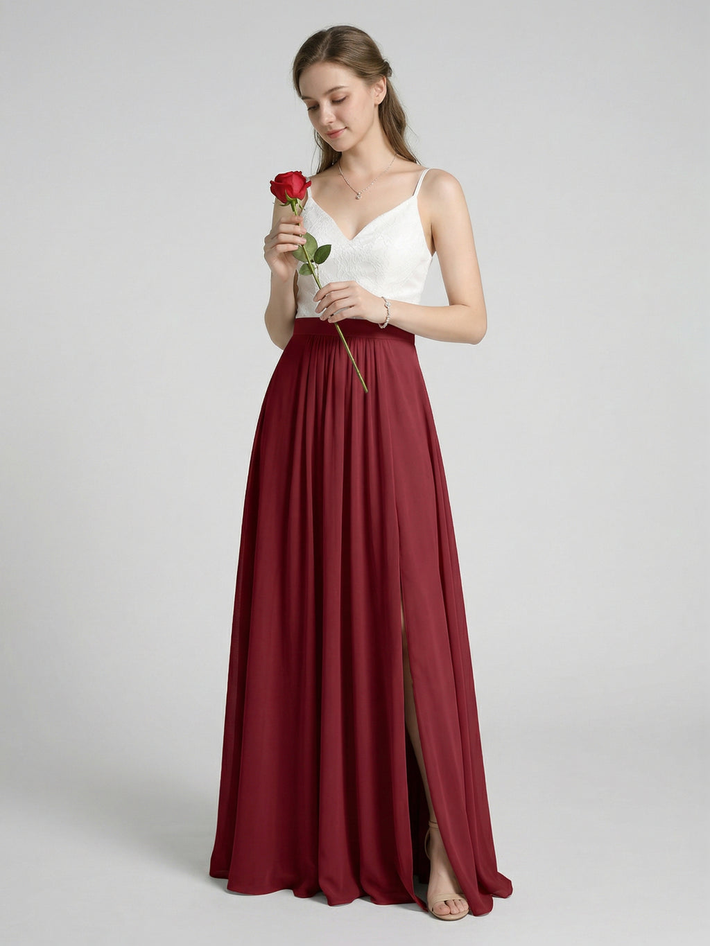 Sweet & Flowy Rust Chiffon A-Line V-Neck Back Zip with Pleated Ankle-Length Bridesmaid Dress