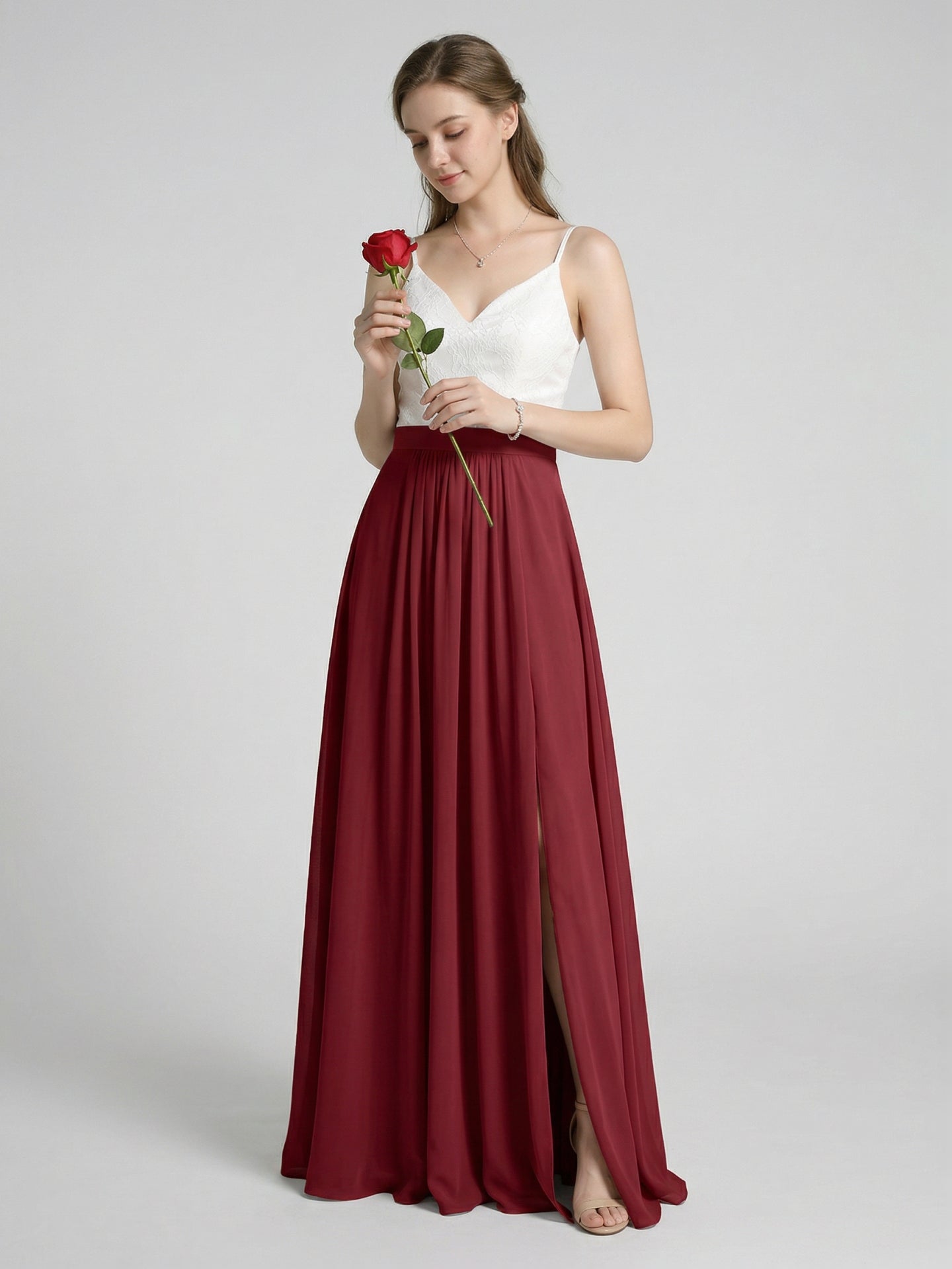 Sweet & Flowy Rust Chiffon A-Line V-Neck Back Zip with Pleated Ankle-Length Bridesmaid Dress