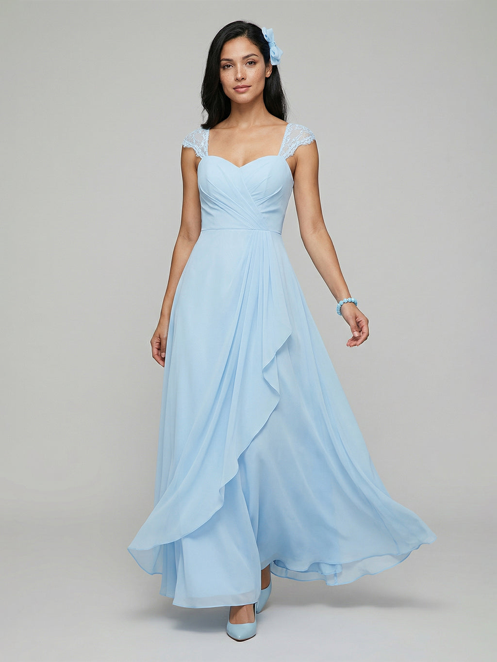 Sweet & Flowy Sky Blue Chiffon A-Line Sweetheart Ankle-Length Bridesmaid Dress with Minimalist Design