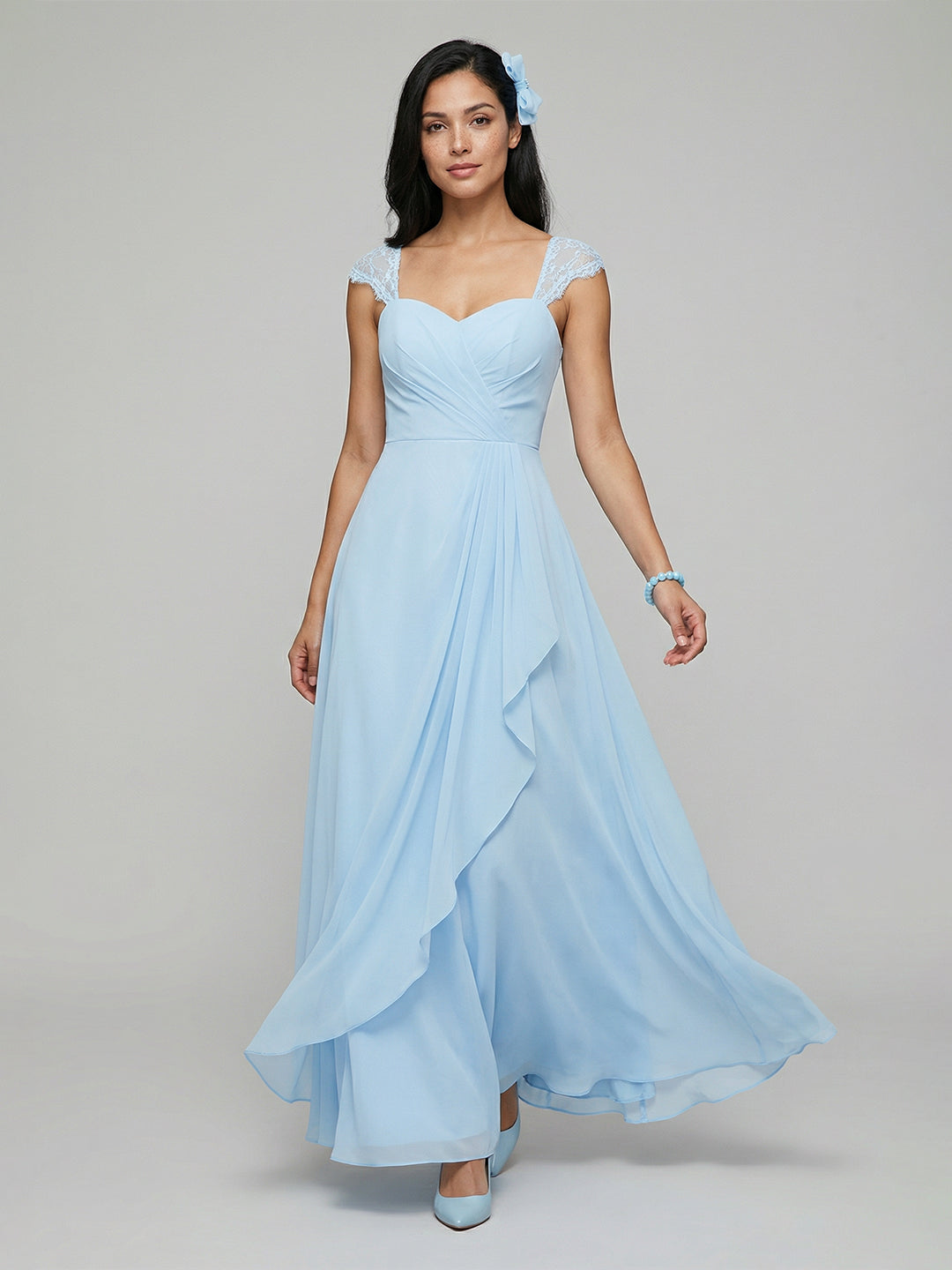Sweet & Flowy Sky Blue Chiffon A-Line Sweetheart Ankle-Length Bridesmaid Dress with Minimalist Design