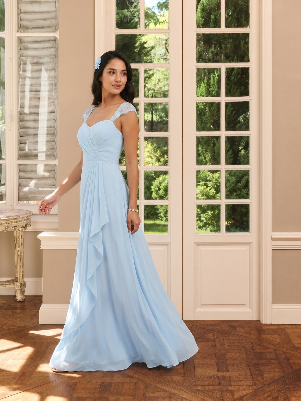 Sweet & Flowy Sky Blue Chiffon A-Line Sweetheart Ankle-Length Bridesmaid Dress with Minimalist Design