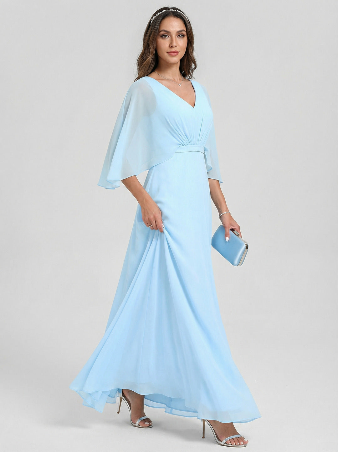 Sweet & Flowy Sky Blue Chiffon A-Line V-Neck Back Zip Ankle-Length Bridesmaid Dress