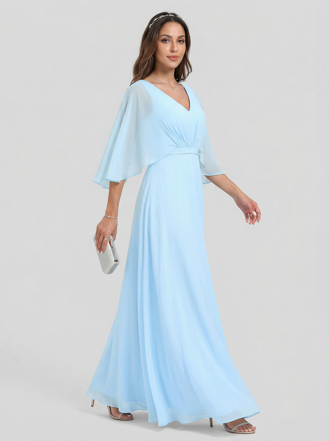Sweet & Flowy Sky Blue Chiffon A-Line V-Neck Back Zip Ankle-Length Bridesmaid Dress