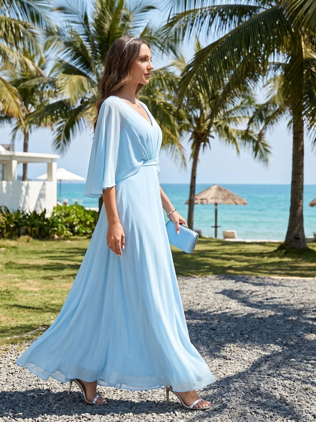 Sweet & Flowy Sky Blue Chiffon A-Line V-Neck Back Zip Ankle-Length Bridesmaid Dress