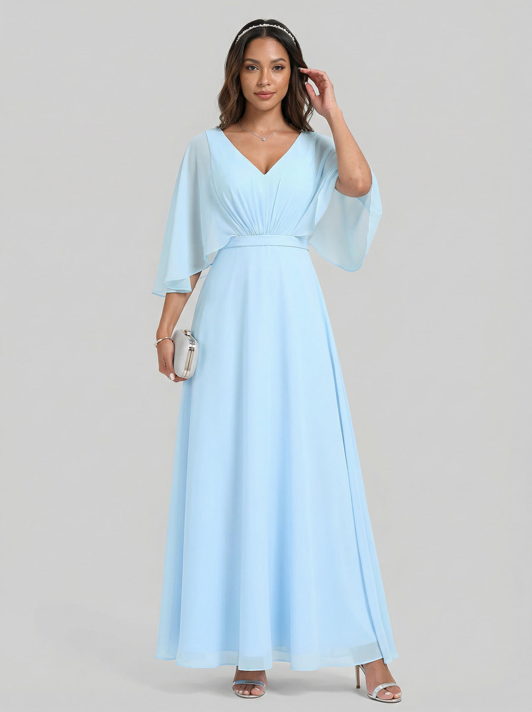 Sweet & Flowy Sky Blue Chiffon A-Line V-Neck Back Zip Ankle-Length Bridesmaid Dress