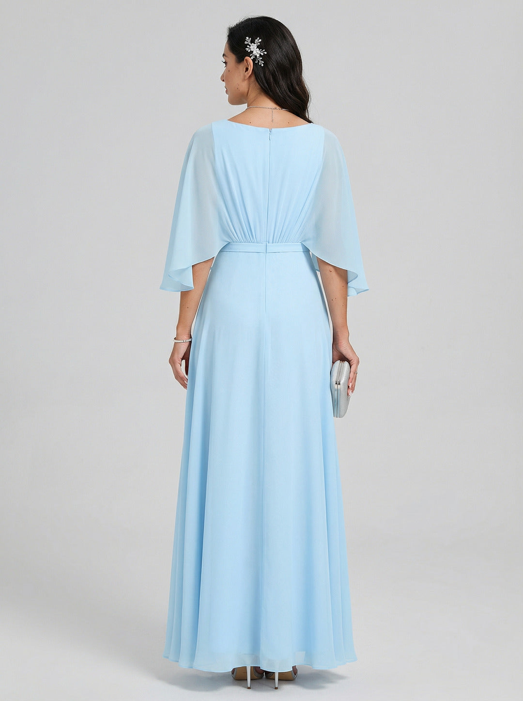 Sweet & Flowy Sky Blue Chiffon A-Line V-Neck Back Zip Ankle-Length Bridesmaid Dress