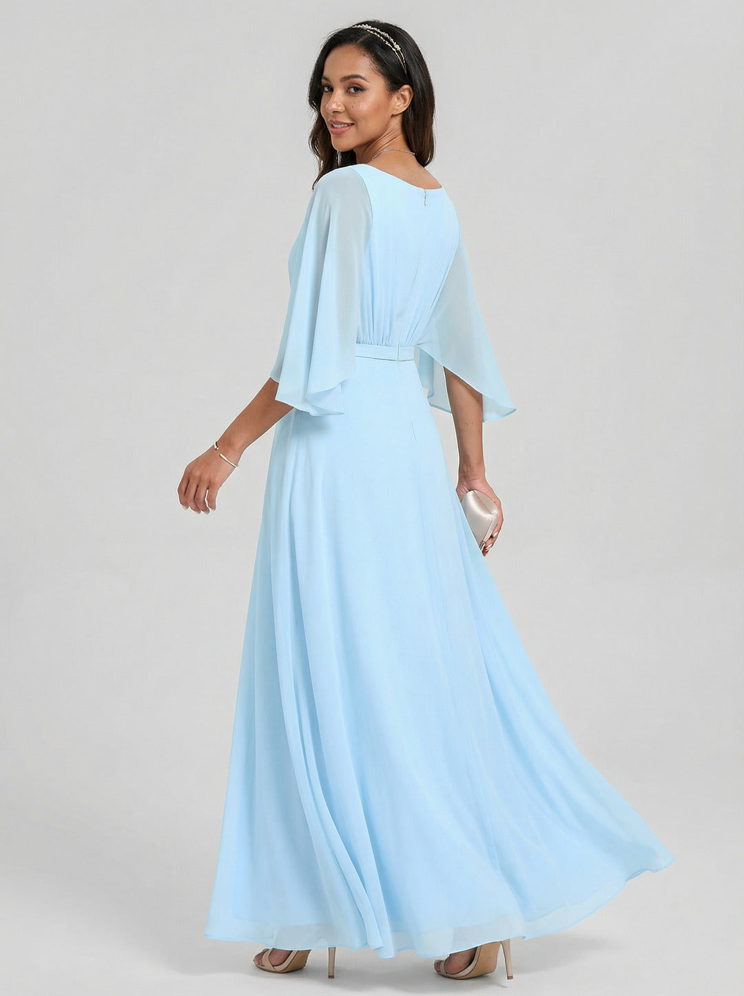 Sweet & Flowy Sky Blue Chiffon A-Line V-Neck Back Zip Ankle-Length Bridesmaid Dress