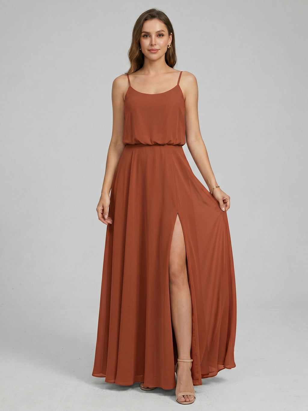 Sweet & Flowy Terracotta Chiffon A-Line Scoop Neck Backless with Pleated Ankle-Length Bridesmaid Dress