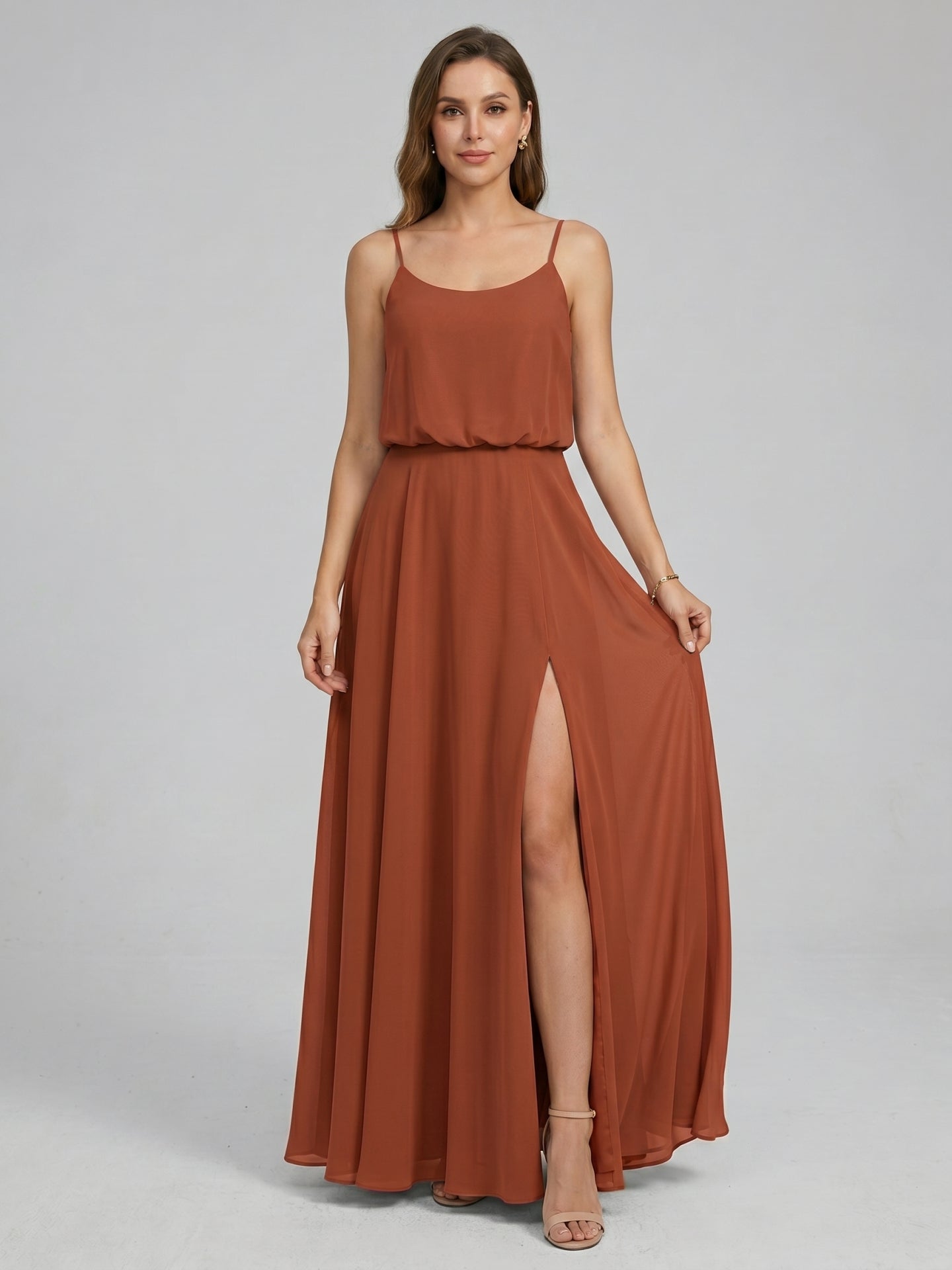 Sweet & Flowy Terracotta Chiffon A-Line Scoop Neck Backless with Pleated Ankle-Length Bridesmaid Dress