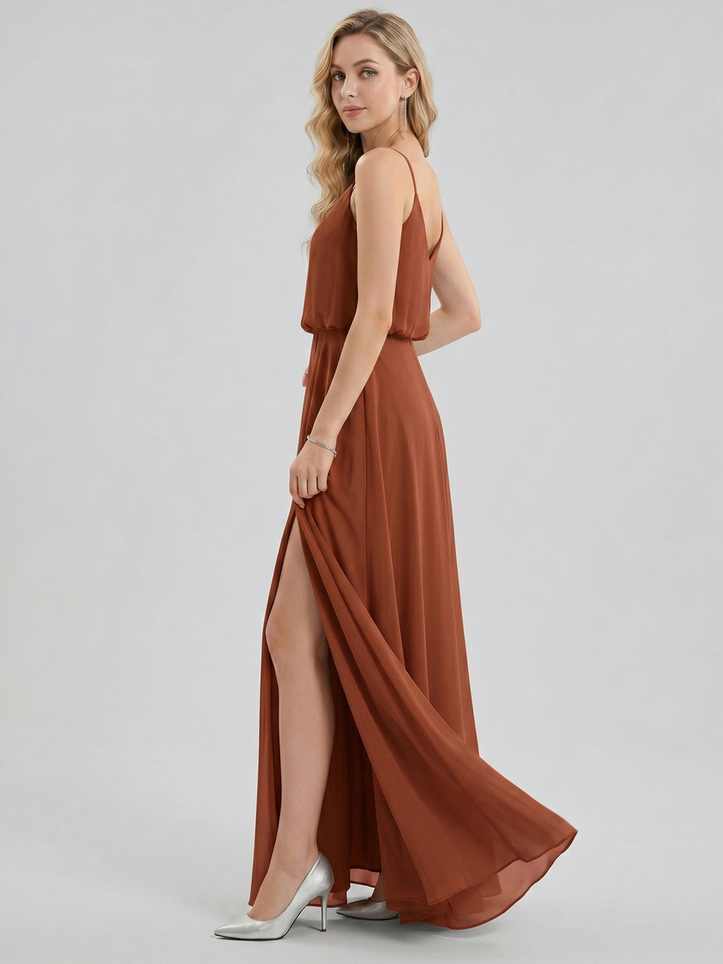 Sweet & Flowy Terracotta Chiffon A-Line Scoop Neck Backless with Pleated Ankle-Length Bridesmaid Dress