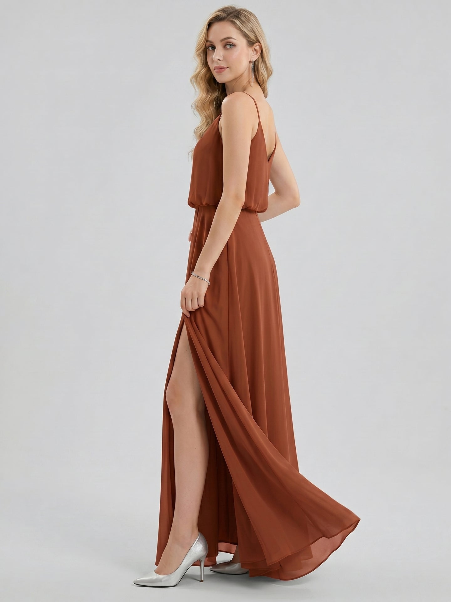 Sweet & Flowy Terracotta Chiffon A-Line Scoop Neck Backless with Pleated Ankle-Length Bridesmaid Dress