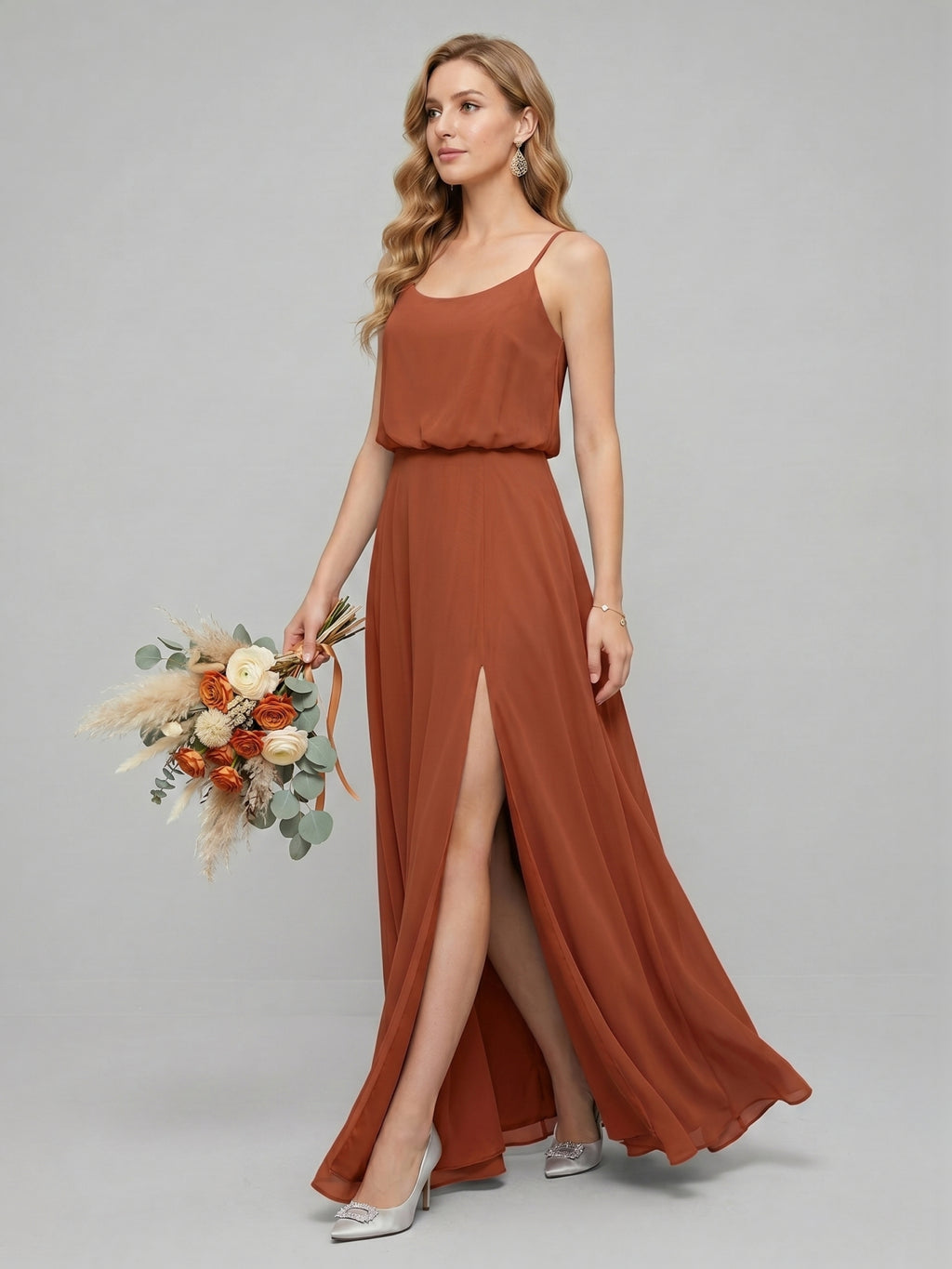 Sweet & Flowy Terracotta Chiffon A-Line Scoop Neck Backless with Pleated Ankle-Length Bridesmaid Dress