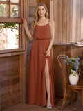 Sweet & Flowy Terracotta Chiffon A-Line Scoop Neck Backless with Pleated Ankle-Length Bridesmaid Dress