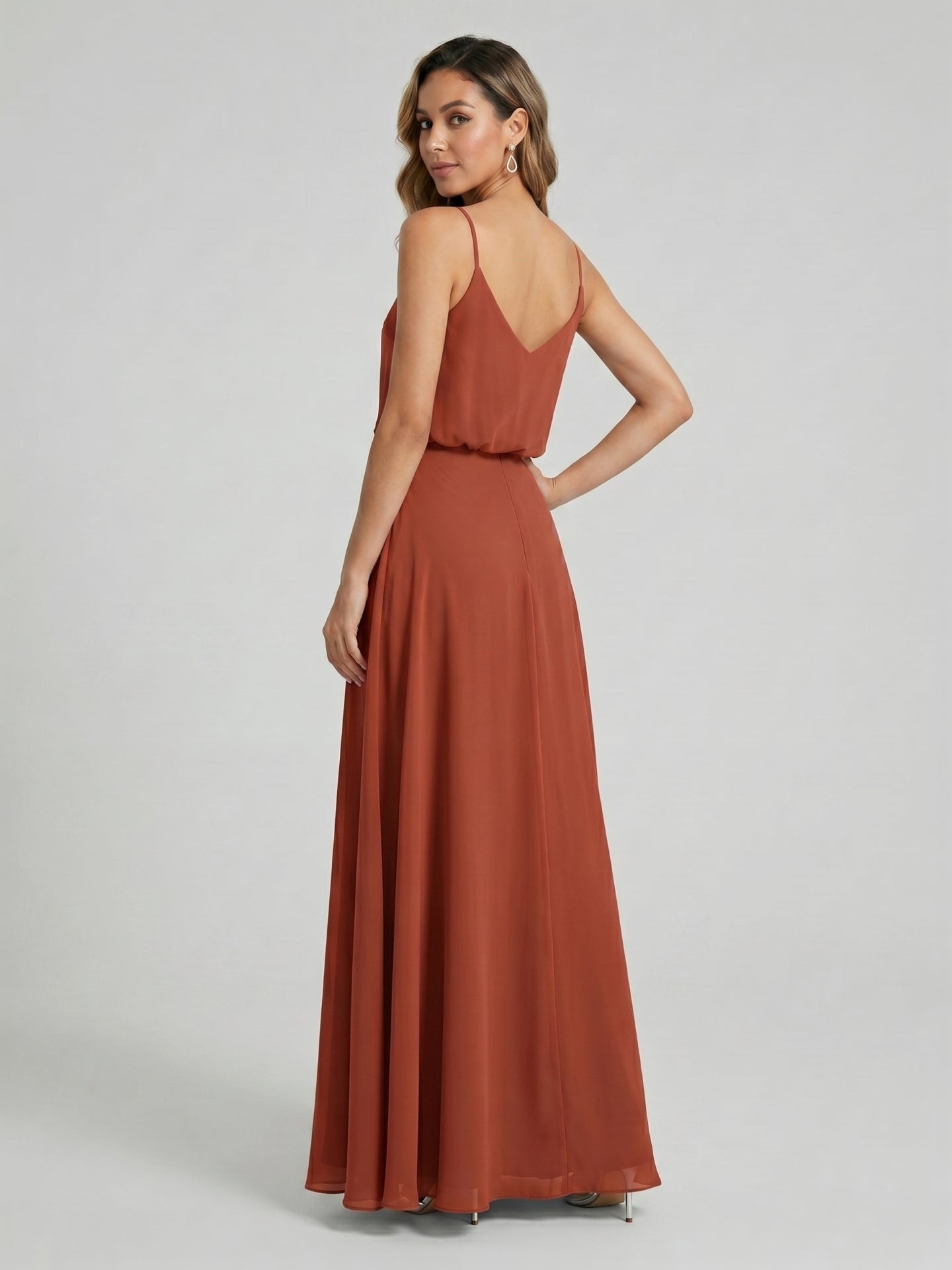 Sweet & Flowy Terracotta Chiffon A-Line Scoop Neck Backless with Pleated Ankle-Length Bridesmaid Dress