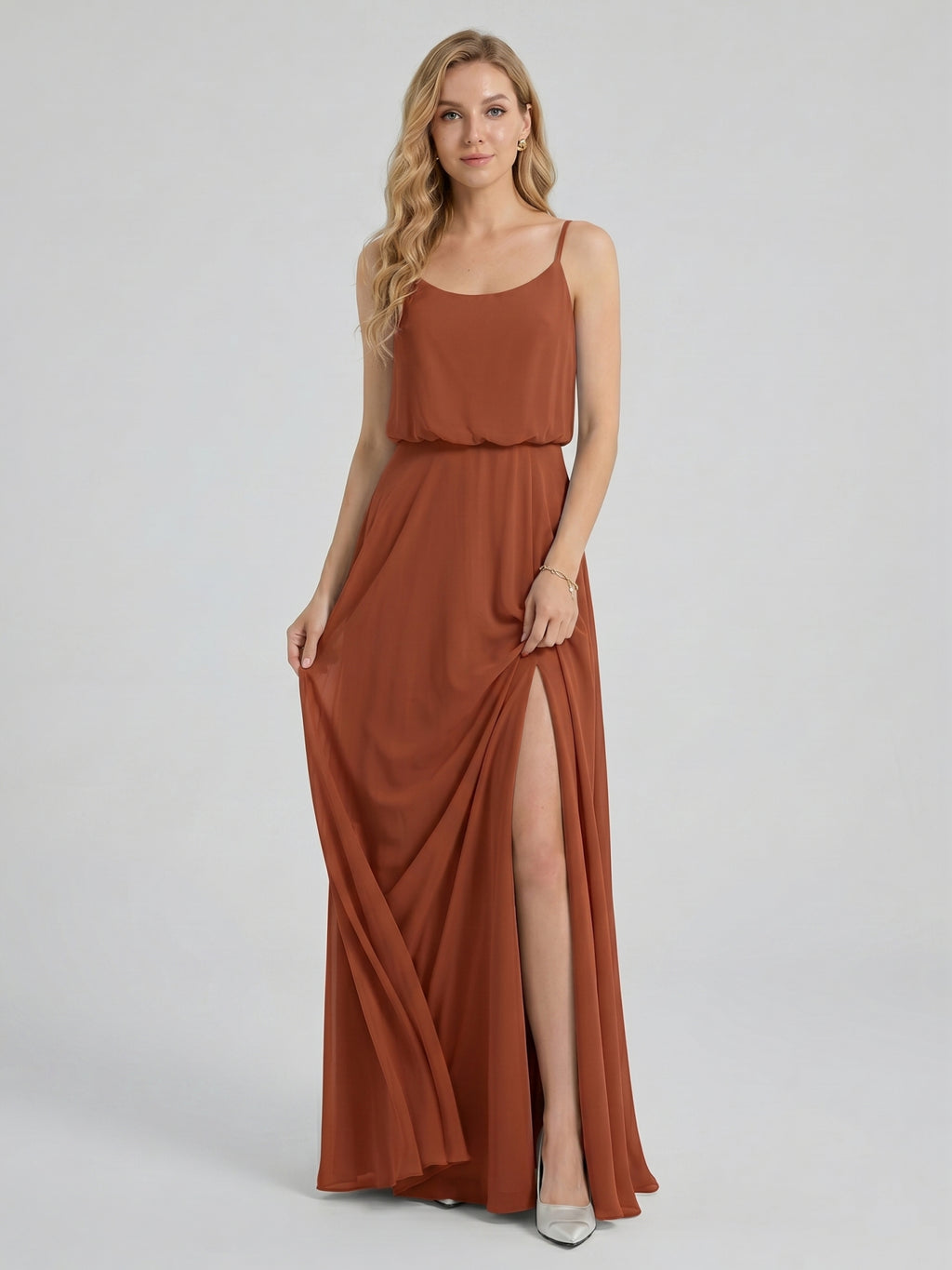 Sweet & Flowy Terracotta Chiffon A-Line Scoop Neck Backless with Pleated Ankle-Length Bridesmaid Dress