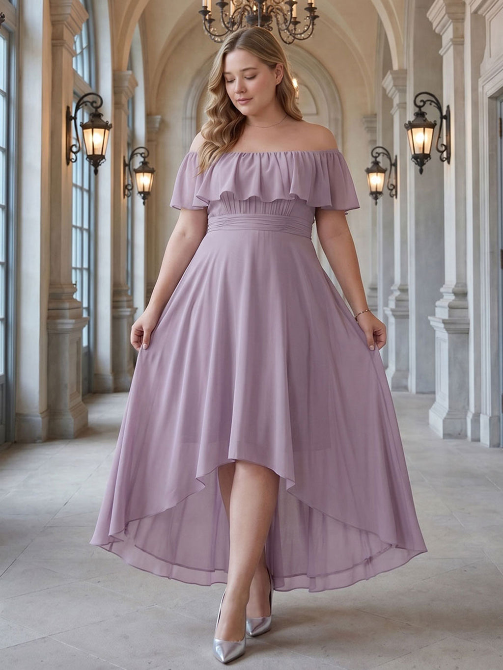 Sweet & Flowy lavender Chiffon A-Line Off-the-Shoulder Backless Asymmetrical Plus Size Bridesmaid Dress