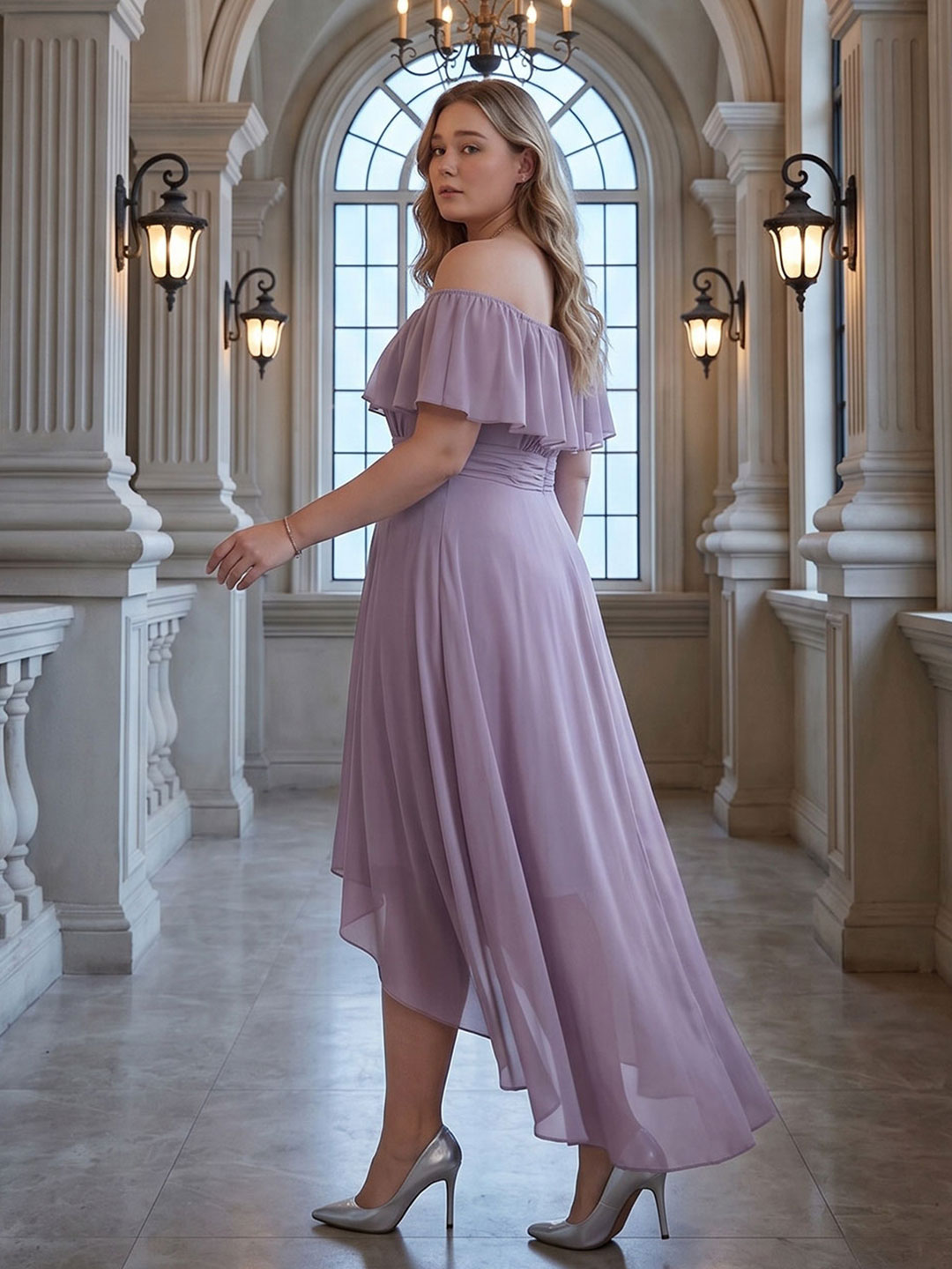 Sweet & Flowy lavender Chiffon A-Line Off-the-Shoulder Backless Asymmetrical Plus Size Bridesmaid Dress
