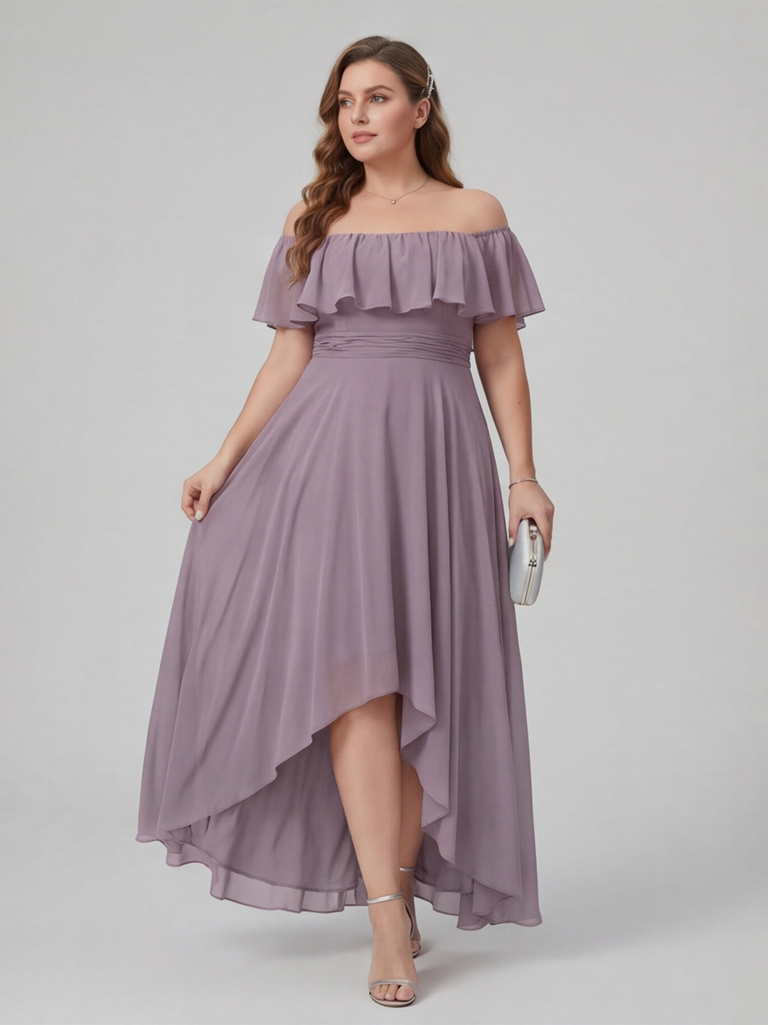 Sweet & Flowy lavender Chiffon A-Line Off-the-Shoulder Backless Asymmetrical Plus Size Bridesmaid Dress