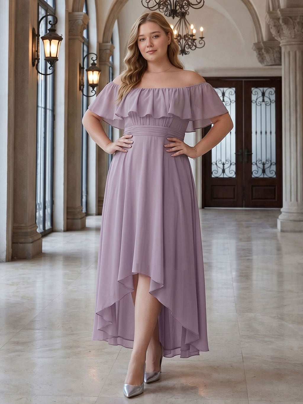 Sweet & Flowy lavender Chiffon A-Line Off-the-Shoulder Backless Asymmetrical Plus Size Bridesmaid Dress