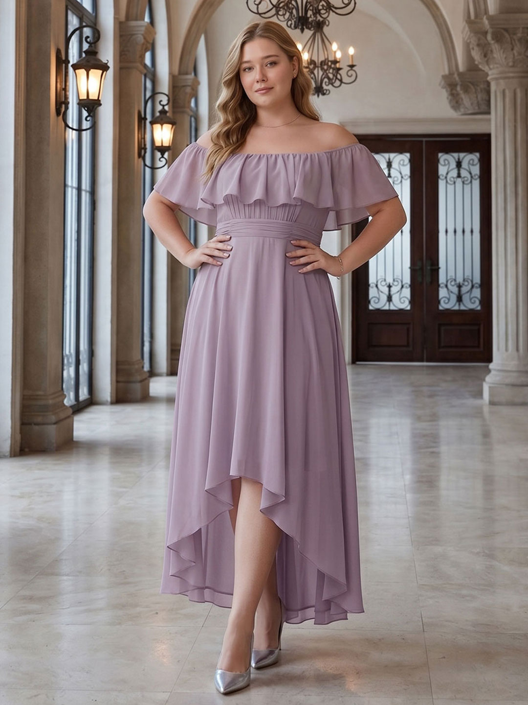 Sweet & Flowy lavender Chiffon A-Line Off-the-Shoulder Backless Asymmetrical Plus Size Bridesmaid Dress