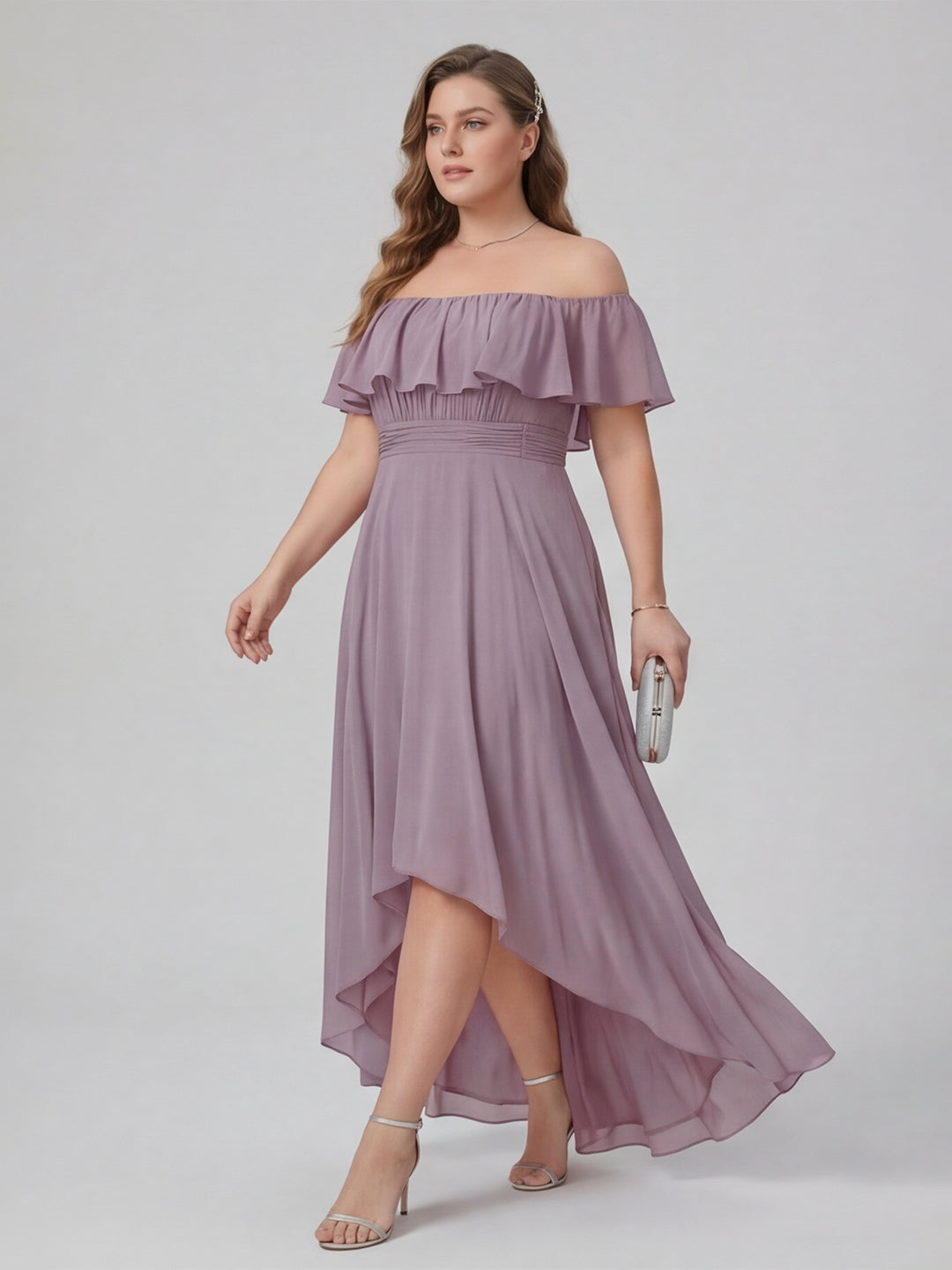 Sweet & Flowy lavender Chiffon A-Line Off-the-Shoulder Backless Asymmetrical Plus Size Bridesmaid Dress
