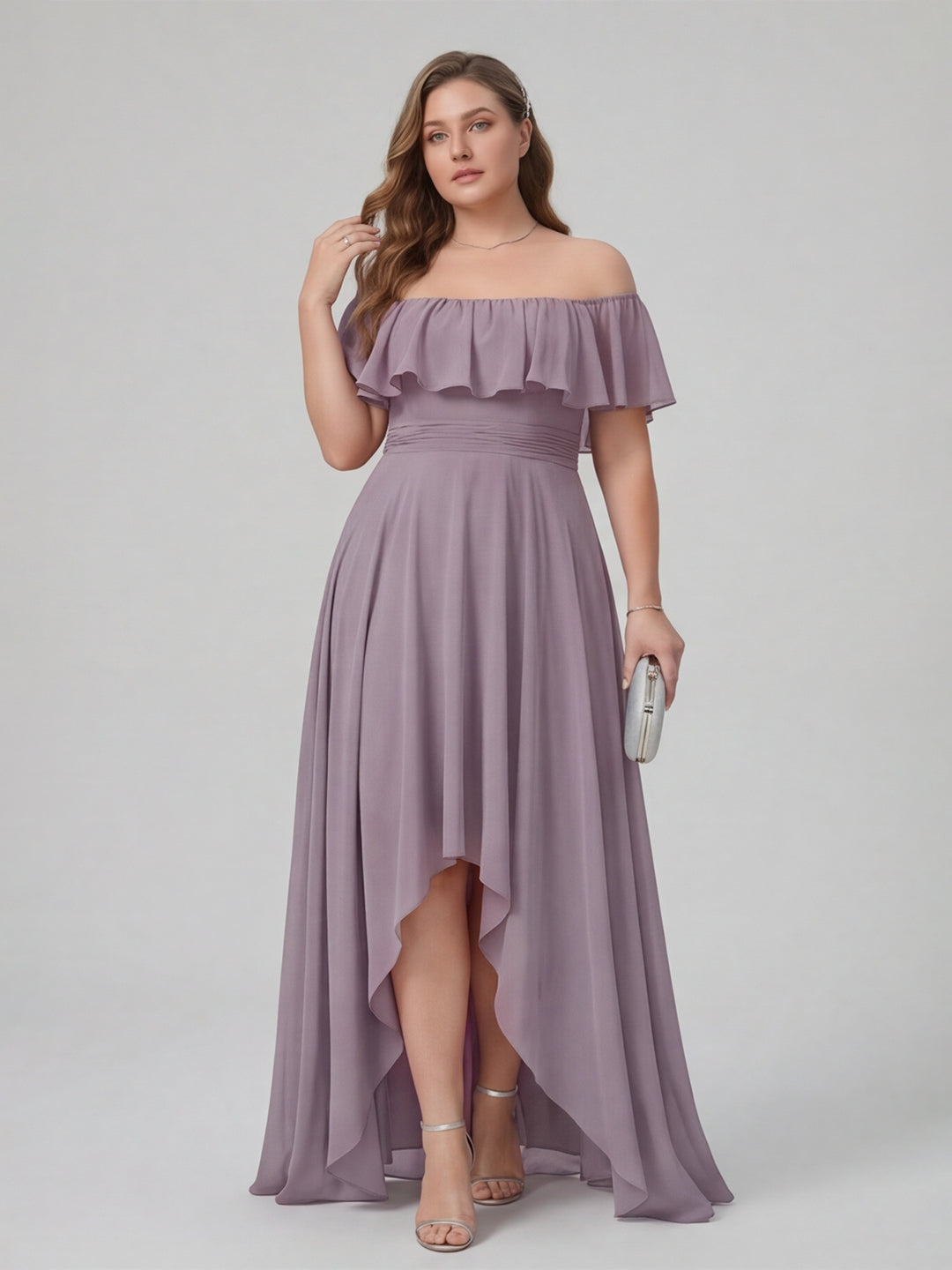 Sweet & Flowy lavender Chiffon A-Line Off-the-Shoulder Backless Asymmetrical Plus Size Bridesmaid Dress