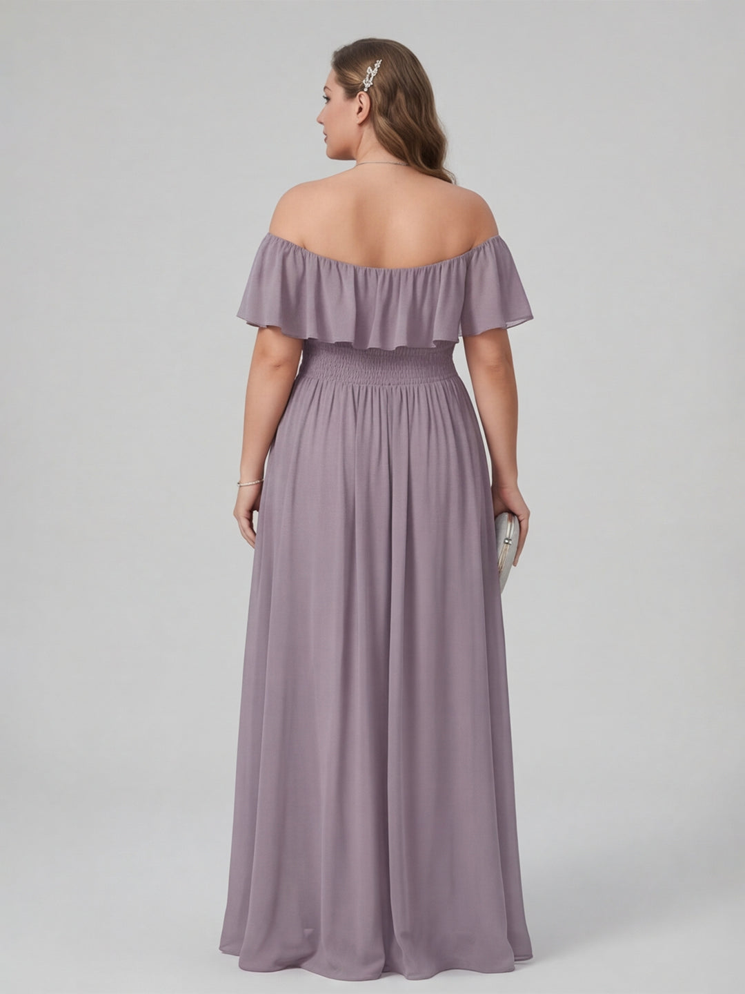 Sweet & Flowy lavender Chiffon A-Line Off-the-Shoulder Backless Asymmetrical Plus Size Bridesmaid Dress