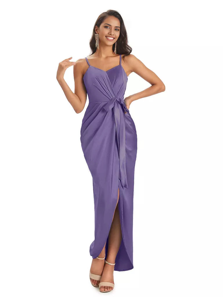 High Low Spaghetti Straps V-neck Mermaid Asymmetrical Soft Satin Bridesmaid Dresses