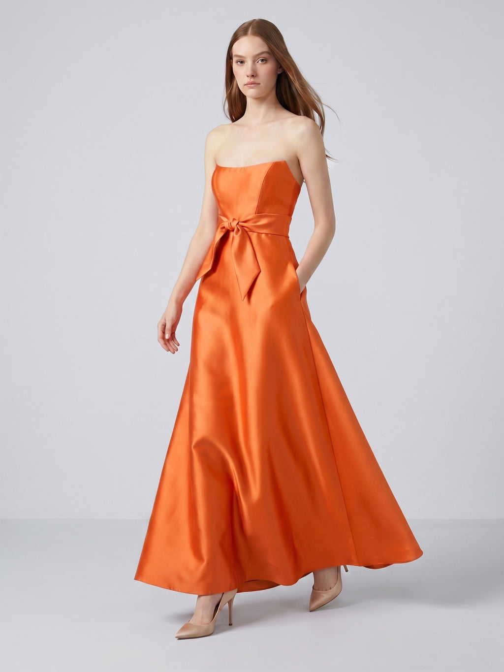 Tailored Orange Satin A-Line Straight Neck Backless Floor-Length Bridesmaid Dress with Bow