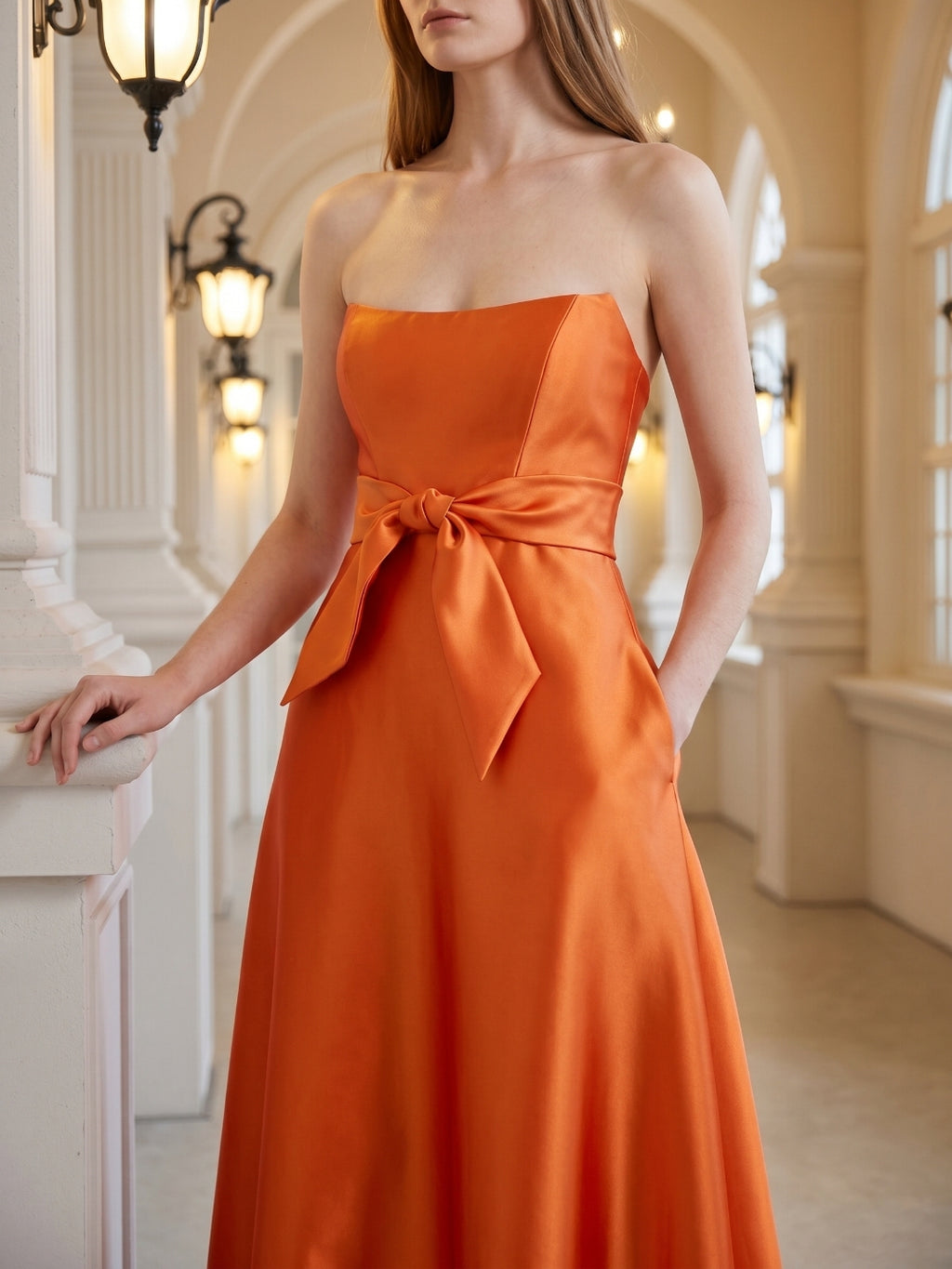 Tailored Orange Satin A-Line Straight Neck Backless Floor-Length Bridesmaid Dress with Bow