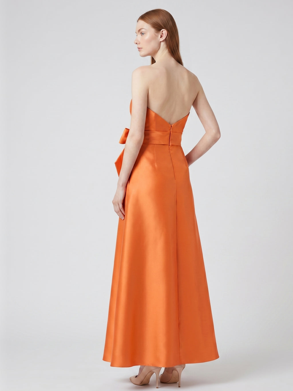 Tailored Orange Satin A-Line Straight Neck Backless Floor-Length Bridesmaid Dress with Bow