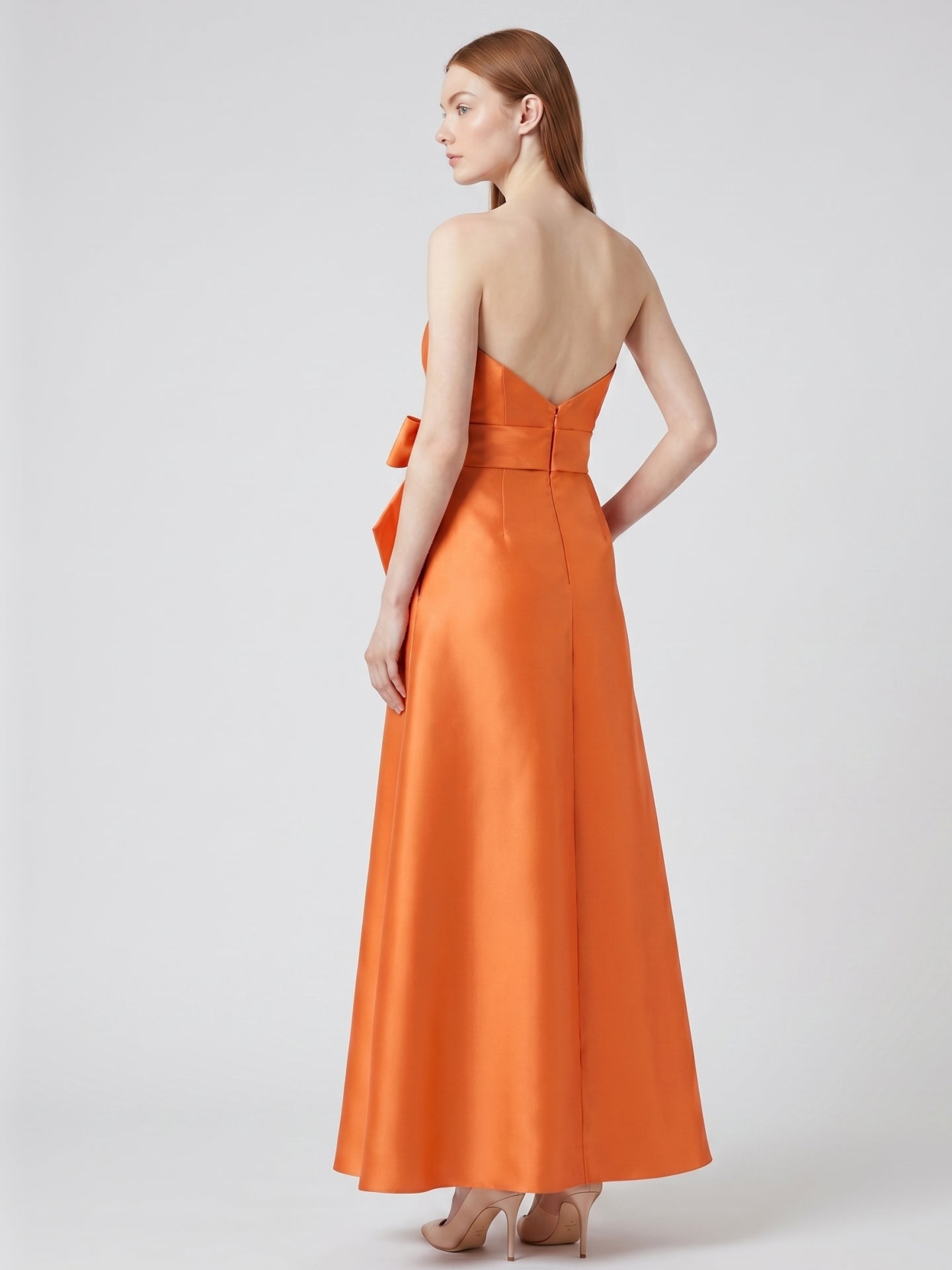 Tailored Orange Satin A-Line Straight Neck Backless Floor-Length Bridesmaid Dress with Bow