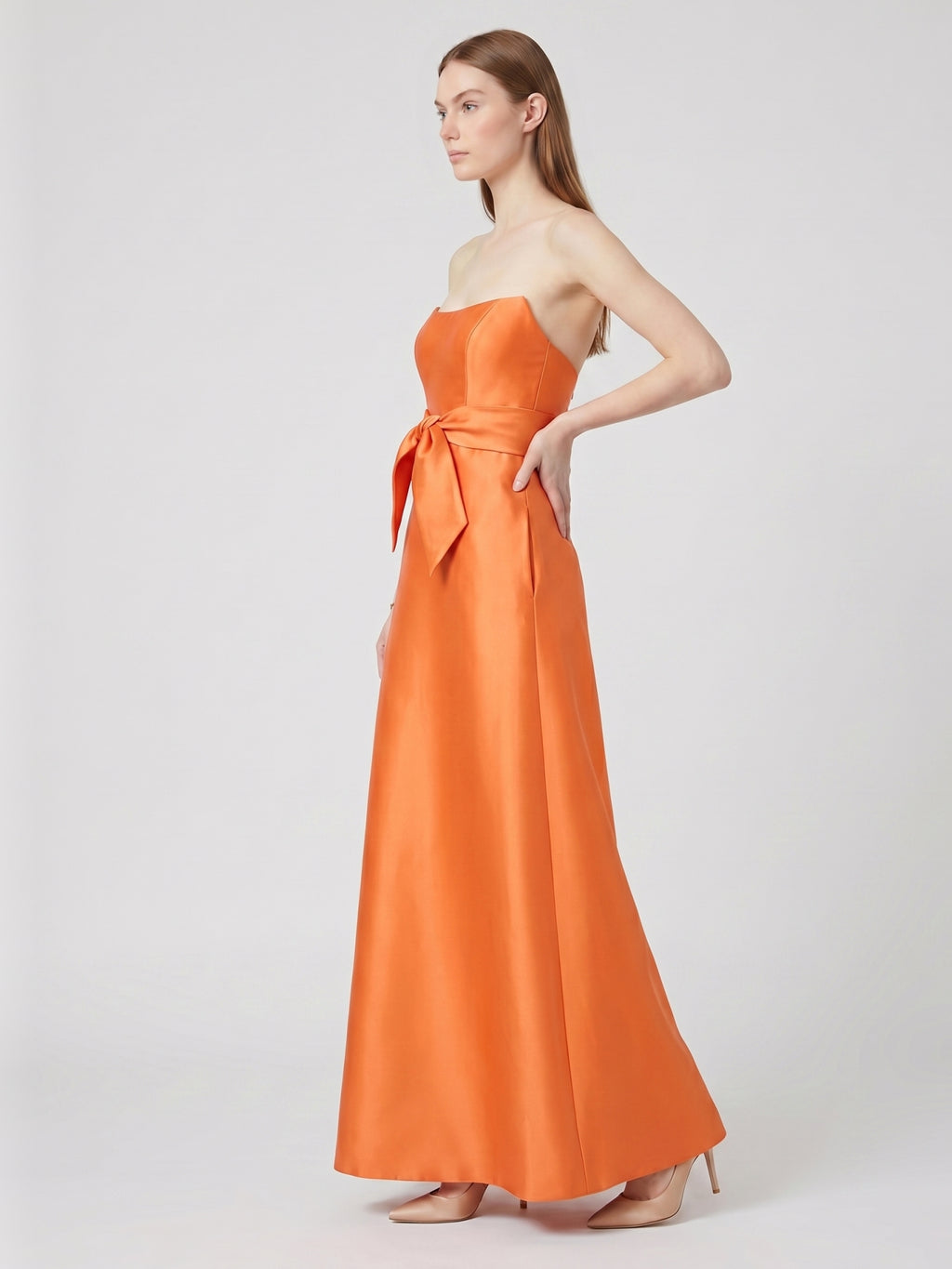 Tailored Orange Satin A-Line Straight Neck Backless Floor-Length Bridesmaid Dress with Bow