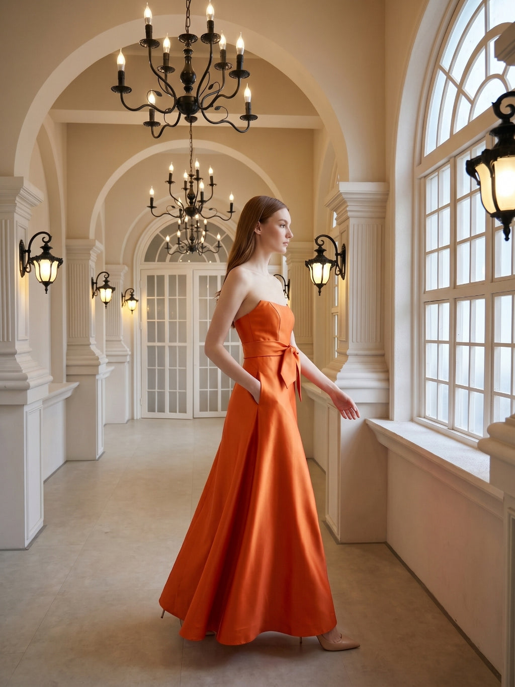 Tailored Orange Satin A-Line Straight Neck Backless Floor-Length Bridesmaid Dress with Bow