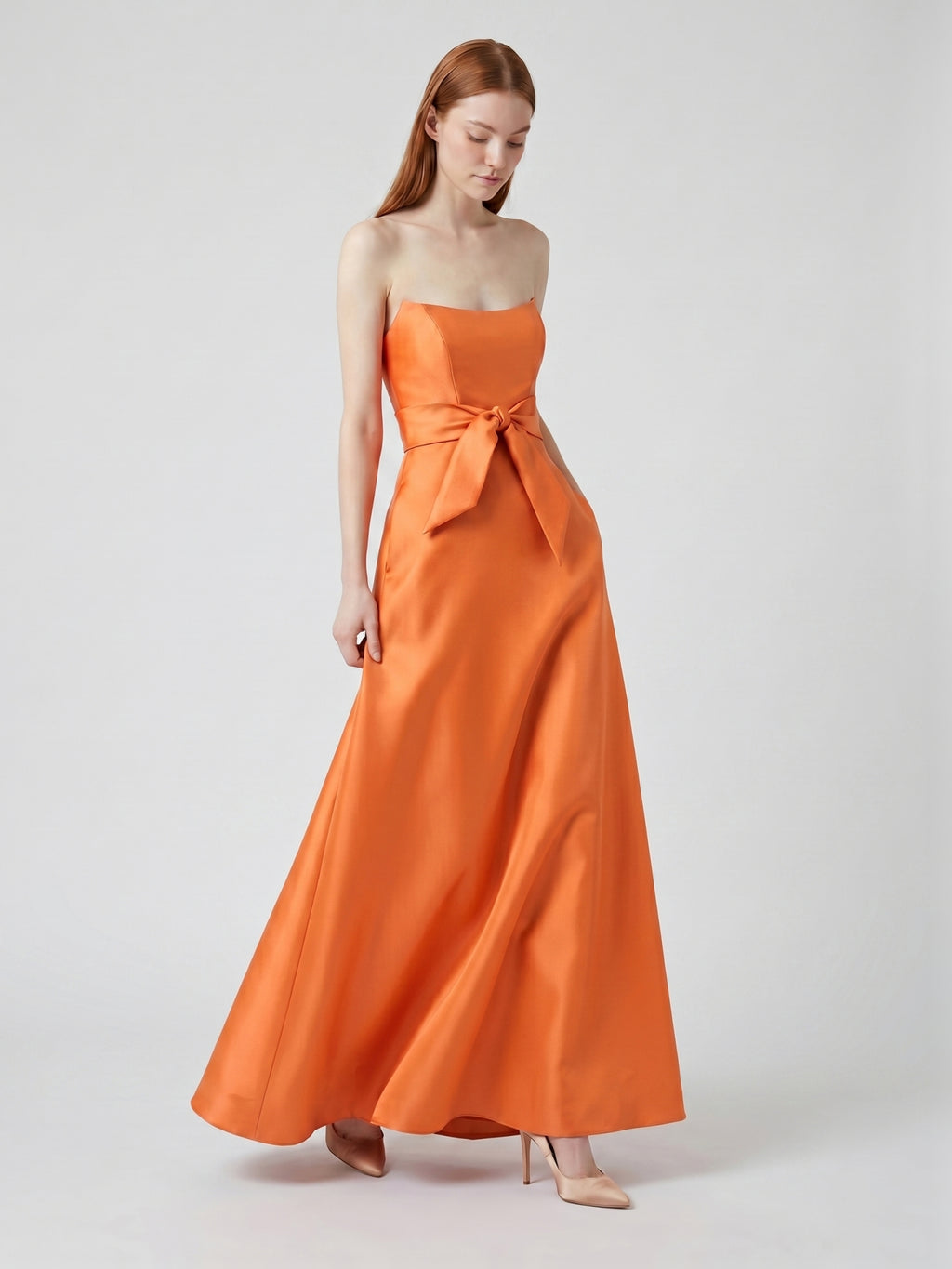 Tailored Orange Satin A-Line Straight Neck Backless Floor-Length Bridesmaid Dress with Bow