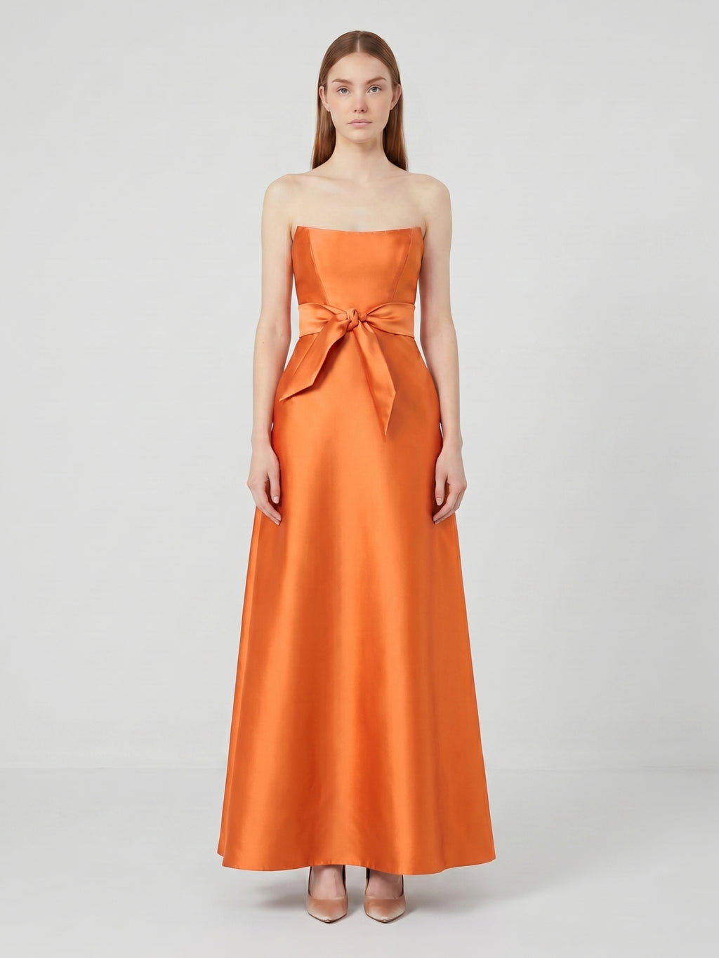 Tailored Orange Satin A-Line Straight Neck Backless Floor-Length Bridesmaid Dress with Bow