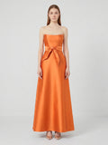 Tailored Orange Satin A-Line Straight Neck Backless Floor-Length Bridesmaid Dress with Bow