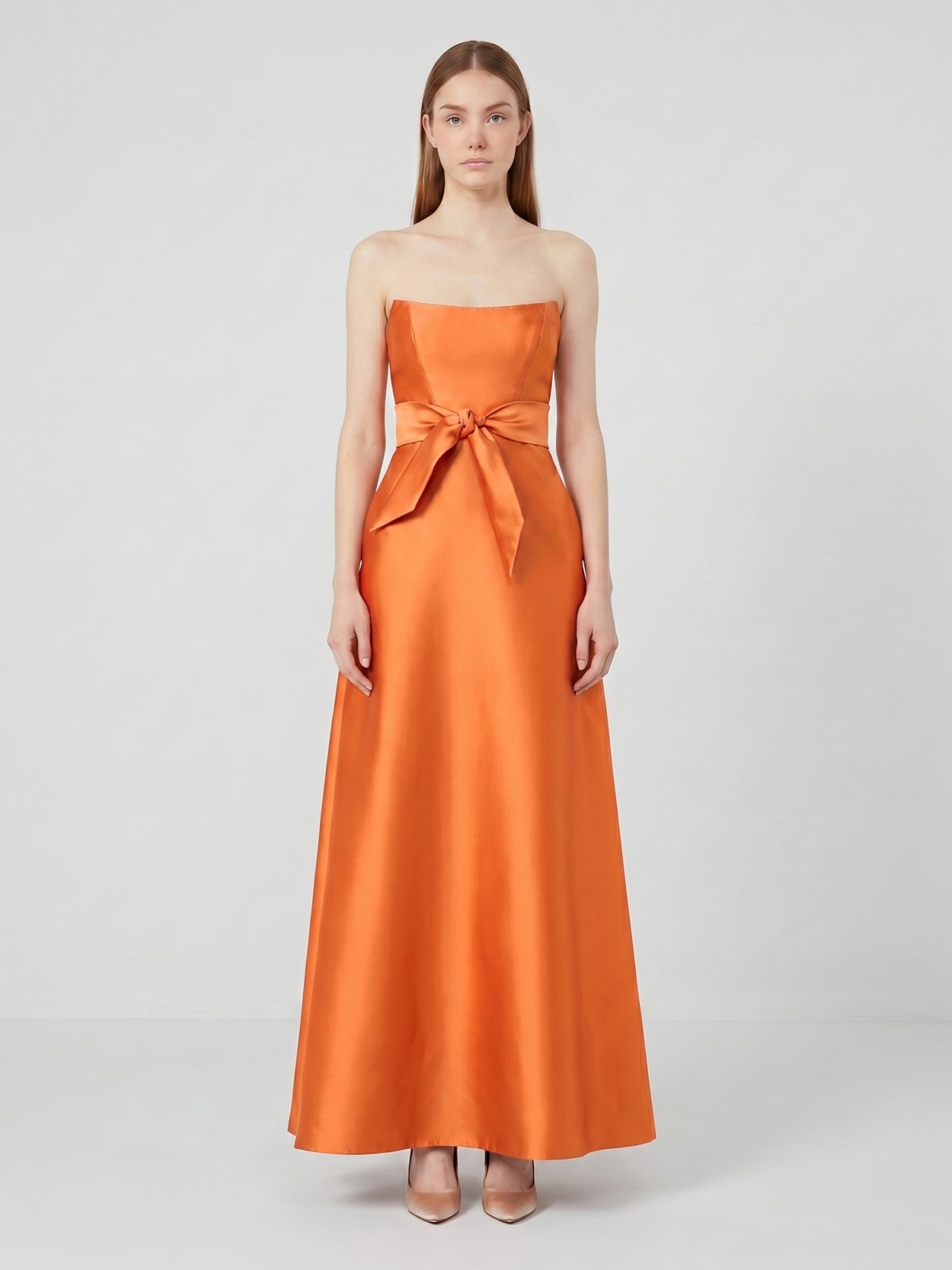 Tailored Orange Satin A-Line Straight Neck Backless Floor-Length Bridesmaid Dress with Bow