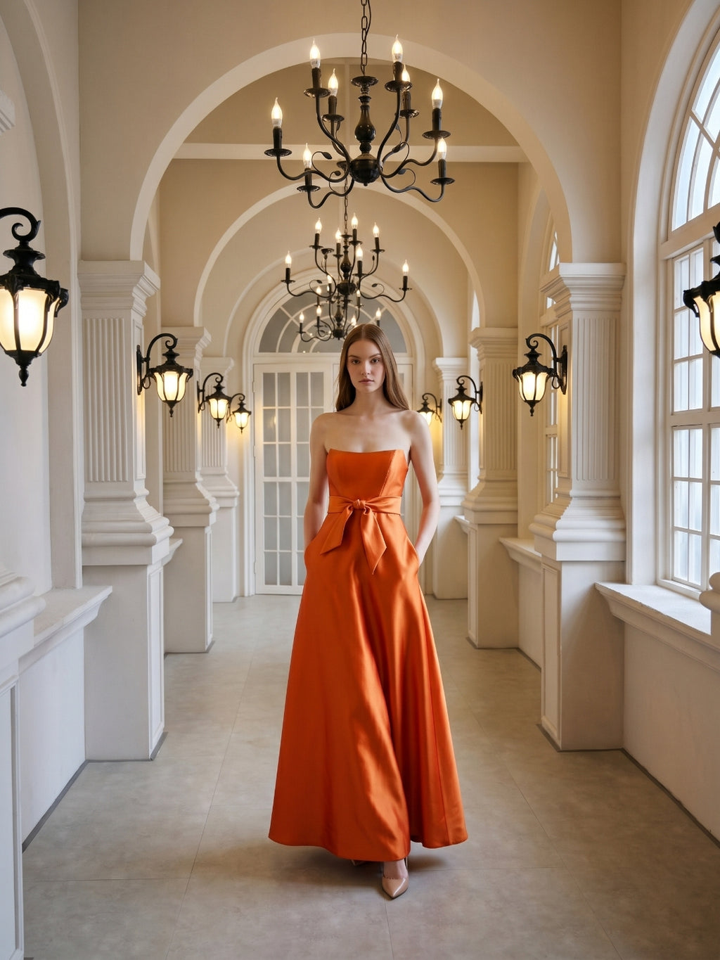 Tailored Orange Satin A-Line Straight Neck Backless Floor-Length Bridesmaid Dress with Bow