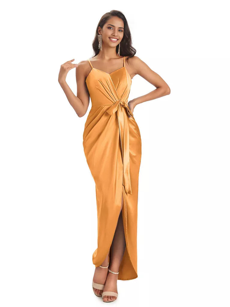 High Low Spaghetti Straps V-neck Mermaid Asymmetrical Soft Satin Bridesmaid Dresses