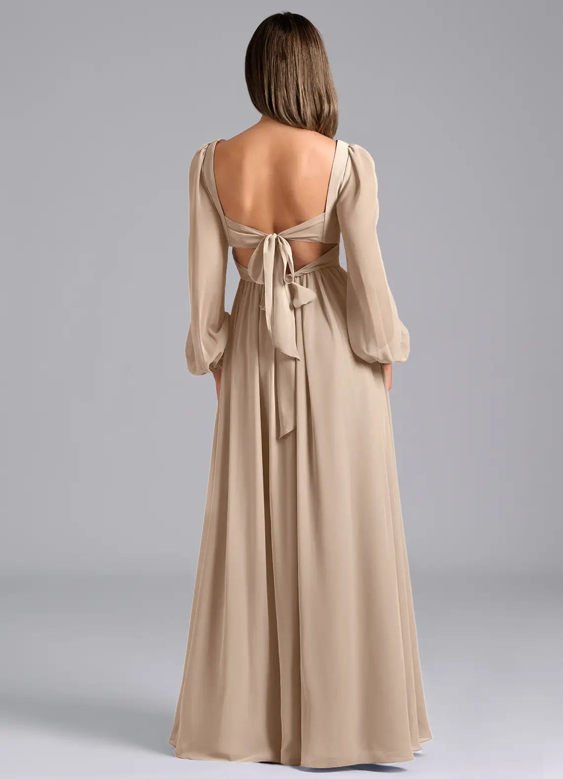 Taupe Chiffon Long Sleeve Bridesmaid Dress with Back Tie, Ruched Bodice and High Slit