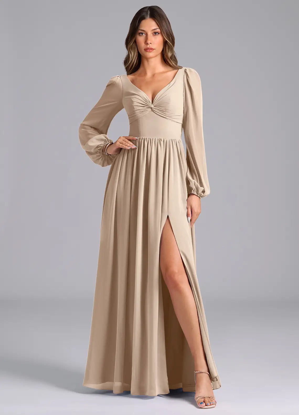Taupe Chiffon Long Sleeve Bridesmaid Dress with Back Tie, Ruched Bodice and High Slit