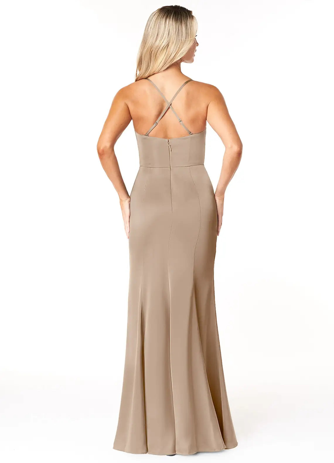 Taupe Satin Cowl Neck Bridesmaid Dress with Ruched Bodice, Mermaid Silhouette and High Slit