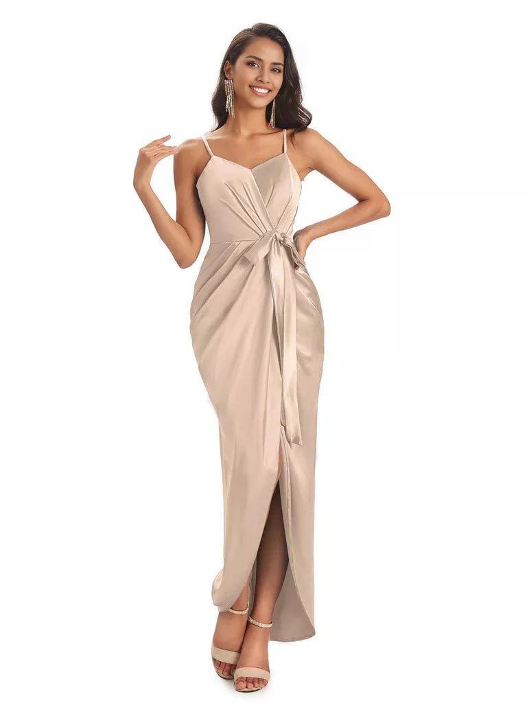 High Low Spaghetti Straps V-neck Mermaid Asymmetrical Soft Satin Bridesmaid Dresses
