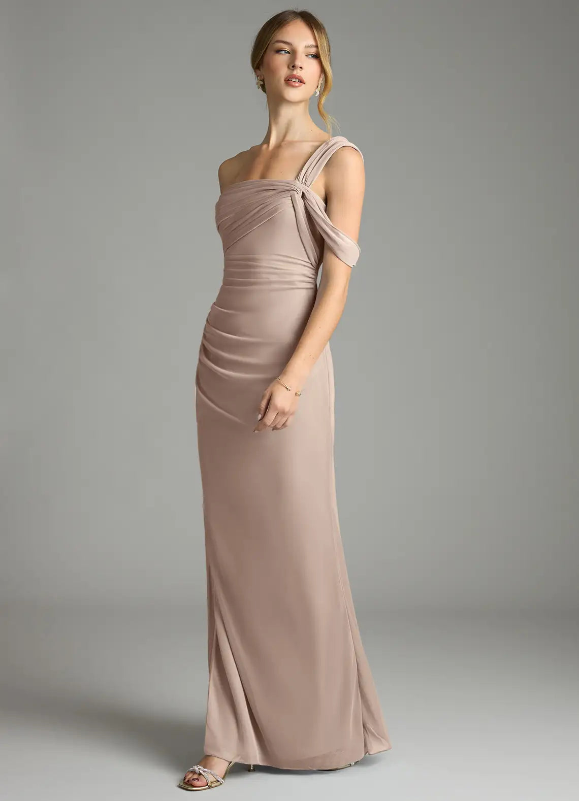 Taupe Jersey One-Shoulder Bridesmaid Dress with Ruched Bodice and High Slit