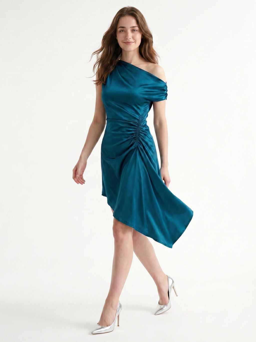 Teal Satin A-Line One Shoulder Side Zip Asymmetrical Pleated Bridesmaid Dress