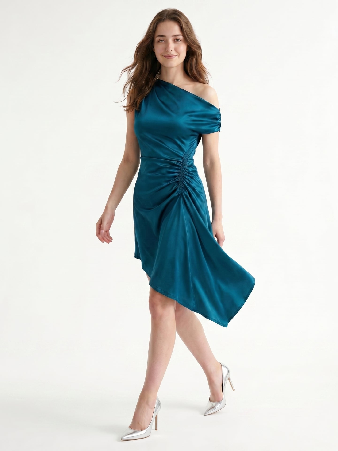 Teal Satin A-Line One Shoulder Side Zip Asymmetrical Pleated Bridesmaid Dress